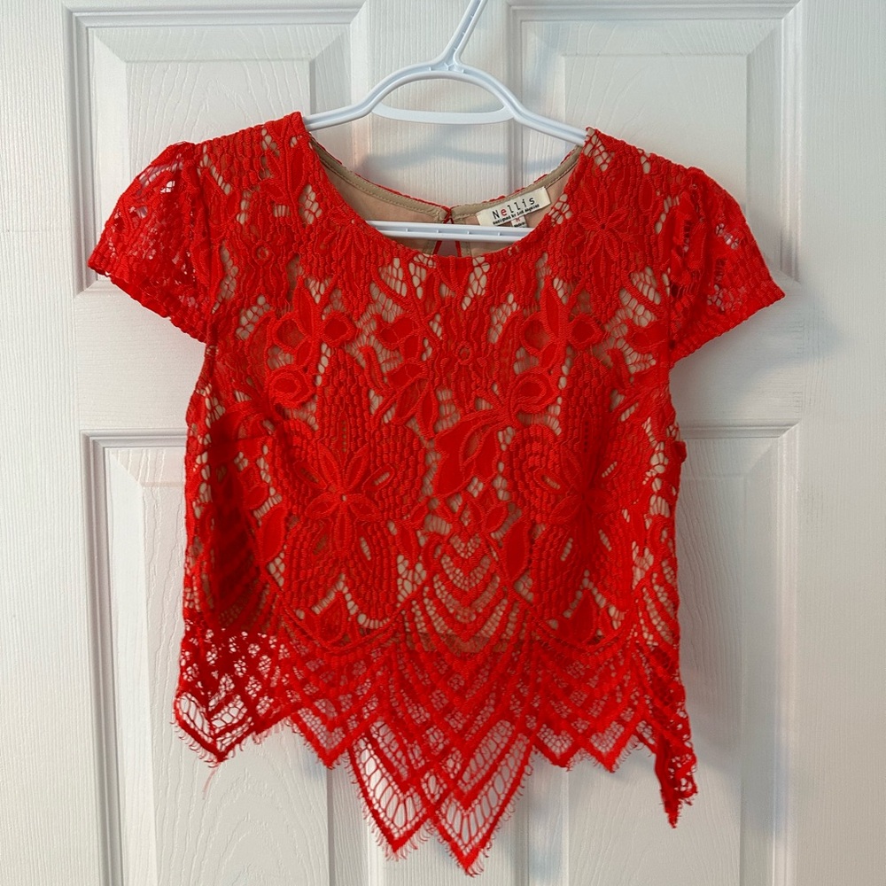 Nellis Red Lace Crop Top with Nude Lining